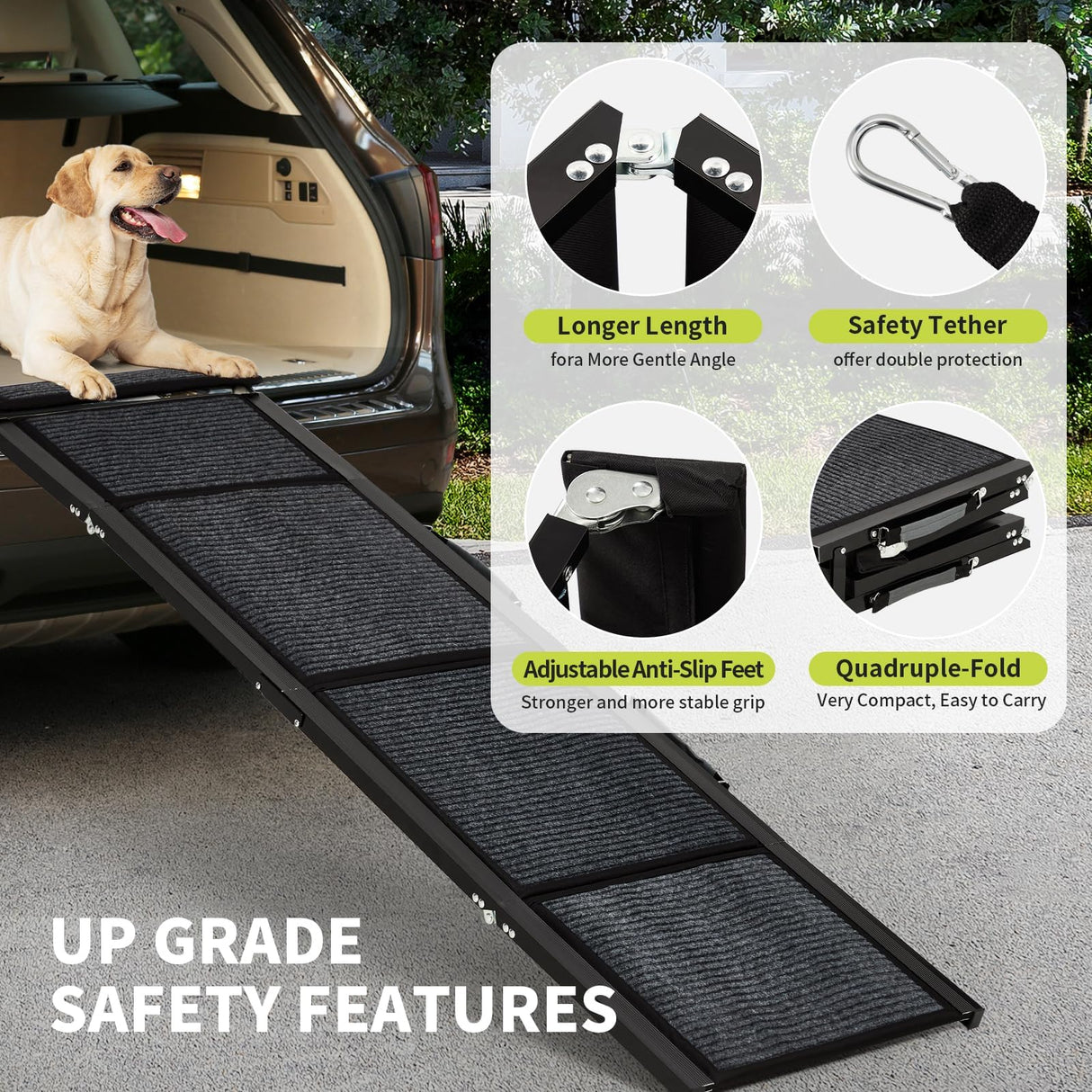 GarveeLife Dog Ramp for Car 71"× 20" Large Folding Pet Stair Ramps for Truck, SUV, with Non-Slip Surface, Up to 250 LBS, Outdoor Dog Car Ramp for Medium & Large Dogs, Portable Pet Steps