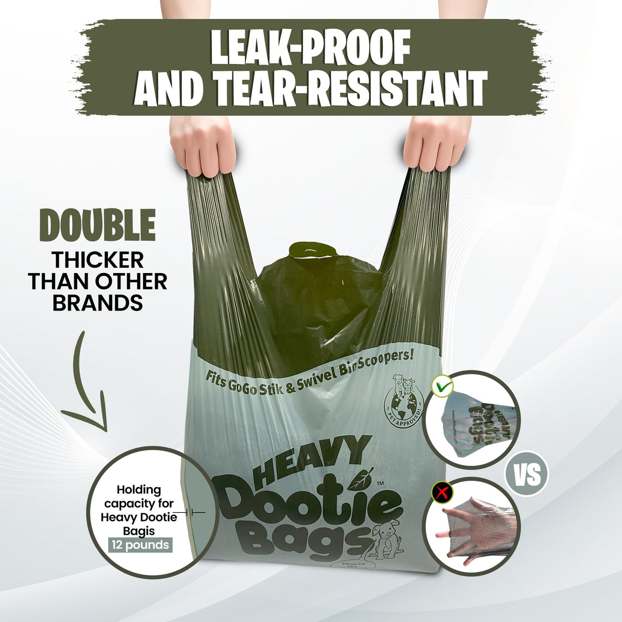 HEAVY Dootie Bags with EZ Tie Handles. Clean and Convenient for Pet Dog Poop, Cat Litter. Multi-Use. Great for Swivel Bin and Gogo Stik Scoopers. Made with Cornstarch. Strong, Leakproof and Very Large