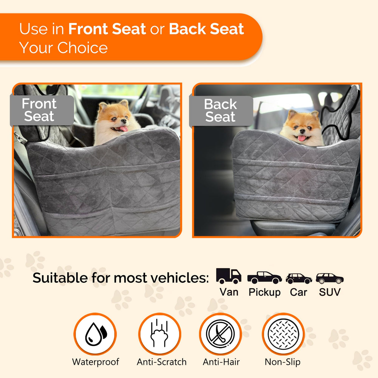 Yara’s Woofyverse Dog Seat for Car – Booster Seat for Small & Medium Dogs with Adjustable Cushions, Fur-Lined Headrest & 6-Pocket Storage – Portable Pet Car Seat for Front/Back Travel – Stone Shadow