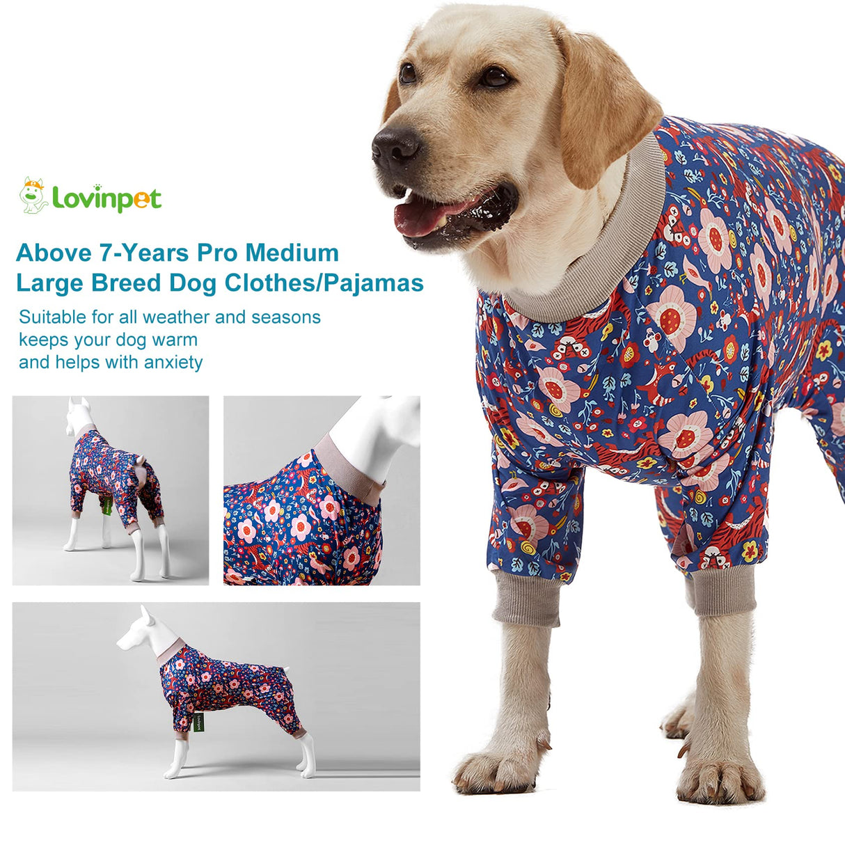 LovinPet Pit Bull Pajamas Large Dogs PJS - Tiger Garden Blue and Pink Print/Lightweight Stretchy Knit Big Dog Pullover Jammies, Large Breed Dog Pajamas, Pet PJ's/XXL
