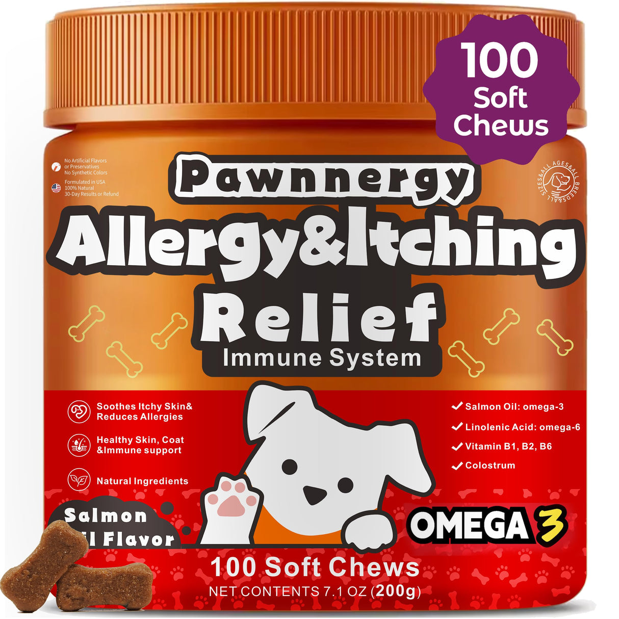 Pawnnergy Dog Allergy & Itch Relief Chews - Salmon Oil Omega-3, Omega-6, Vitamin B1/B2/B6, Colostrum Probiotics Supplement for Seasonal Allergy, Hot Spots, Paw Licking, Scratching, 100 Soft Chews