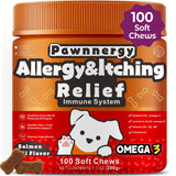 Pawnnergy Dog Allergy & Itch Relief Chews - Salmon Oil Omega-3, Omega-6, Vitamin B1/B2/B6, Colostrum Probiotics Supplement for Seasonal Allergy, Hot Spots, Paw Licking, Scratching, 100 Soft Chews