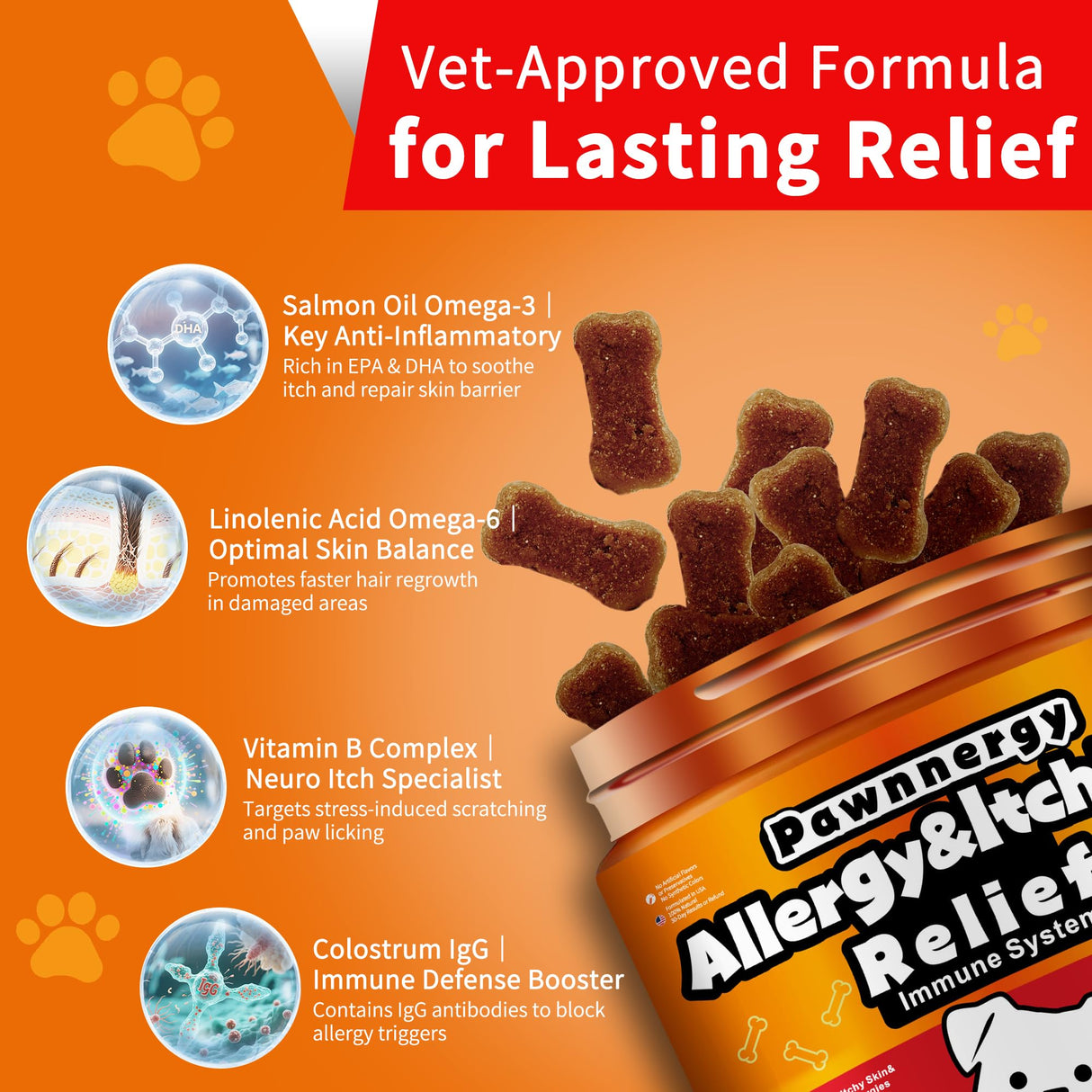 Pawnnergy Dog Allergy & Itch Relief Chews - Salmon Oil Omega-3, Omega-6, Vitamin B1/B2/B6, Colostrum Probiotics Supplement for Seasonal Allergy, Hot Spots, Paw Licking, Scratching, 100 Soft Chews