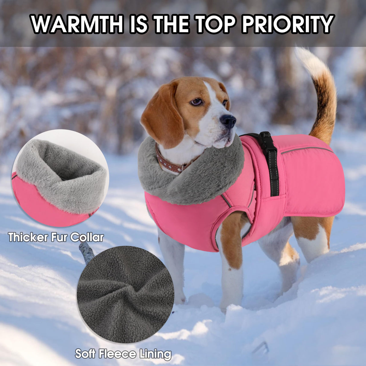 PETDSH Dog Coat Small, Windproof Dog Jacket with Warm Fleece Lining, Thickened Collar Dogs Winter Coat, Adjustable Reflective Pet Coats for Cold Weather (Pink, Small)