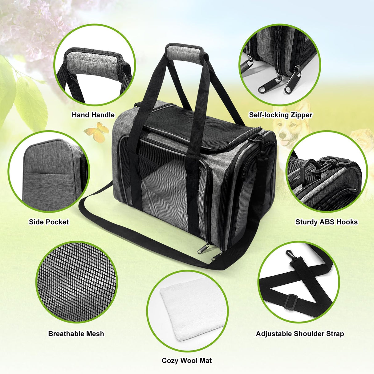 Pucewmy Pet Carrier for Small Dogs Cats, Up to 15Lbs, Airline Approved Collapsible Travel Puppy Carrier, 17x11x11 Inches, Grey
