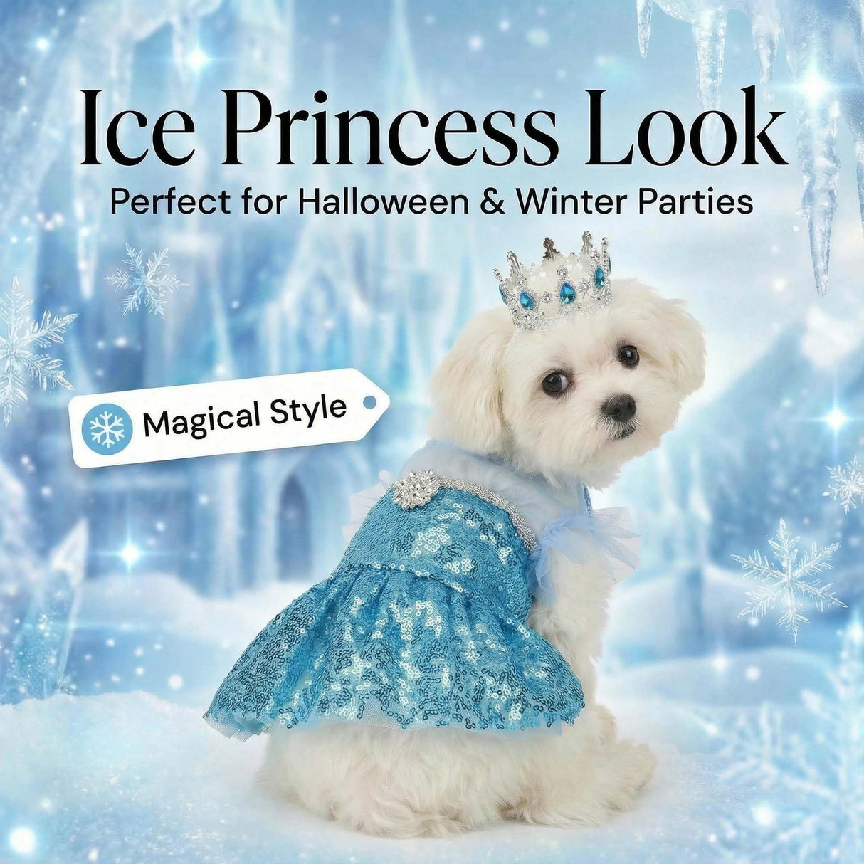 Littledropet Dog Snow Queen Princess Costume with Crown,Luxury Sequin Pet Birthday Party Princess Halloween Dress Up Cosplay Outfits for Small Medium Dogs Girls (Blue, S(Chest 14.5"|3-5Lbs))
