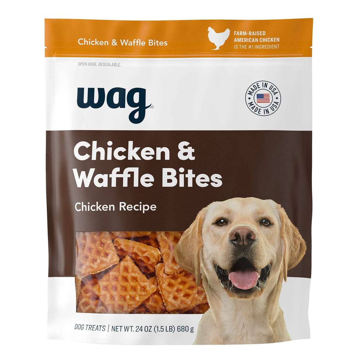 Wag Dog Treats, Chicken and Waffle Bites, 24 oz Resealable Pack of 1