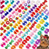 Mruq pet 100pcs Dog Hair Bows, Bulk Cute Puppy Pet Small Dog Hair Bows with Rubber Bands, Mix Handmade Flower Puff Ball Rhinestone Pearls Dog Bows, Yorkie Dog Bows for Dog Hair Grooming Accessories