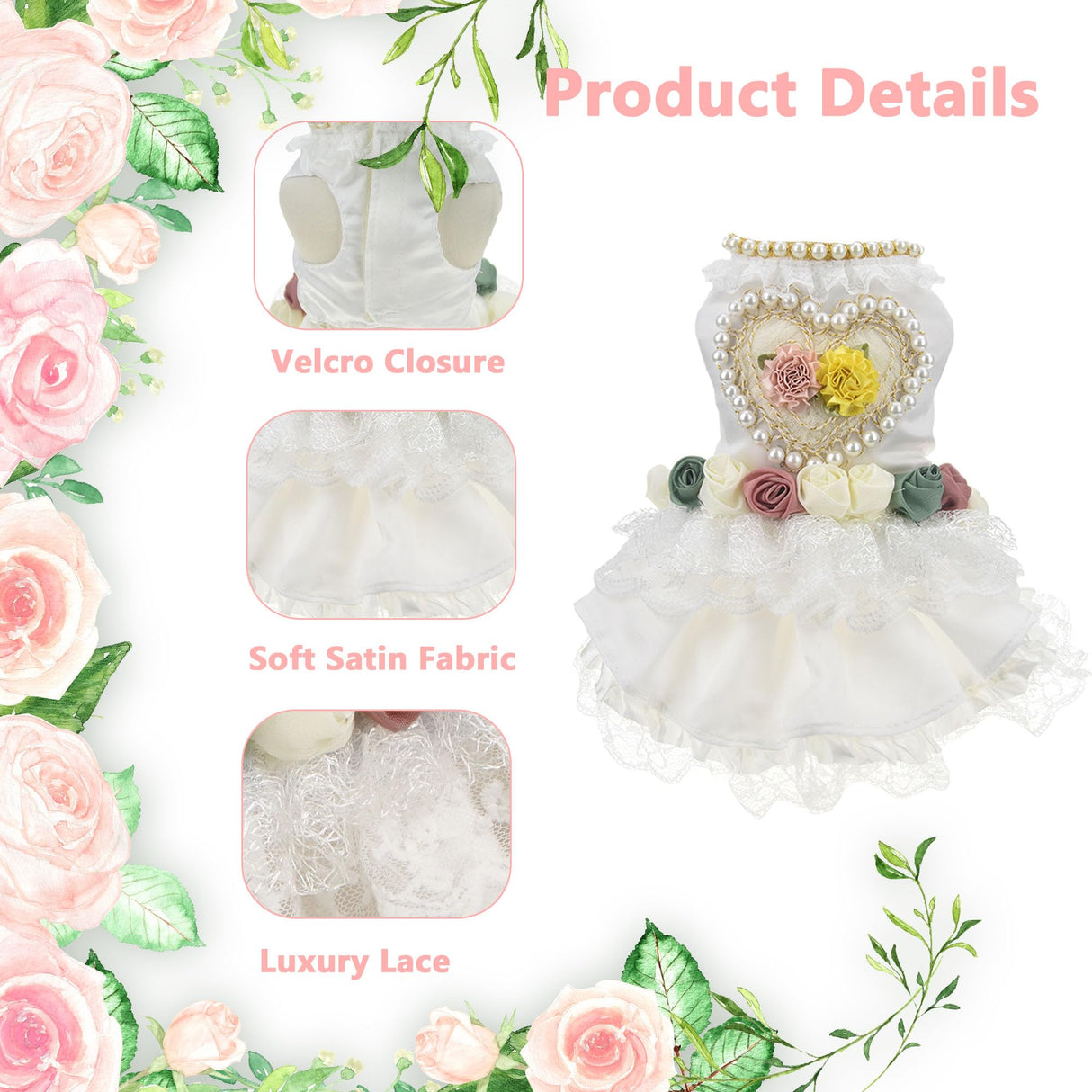 MuYaoPet Luxury Pearl Dog Wedding Dress,Dog Rose Love Heart Dress,Pet Bride Costume Formal Apparel for Small Dogs (White, Large)