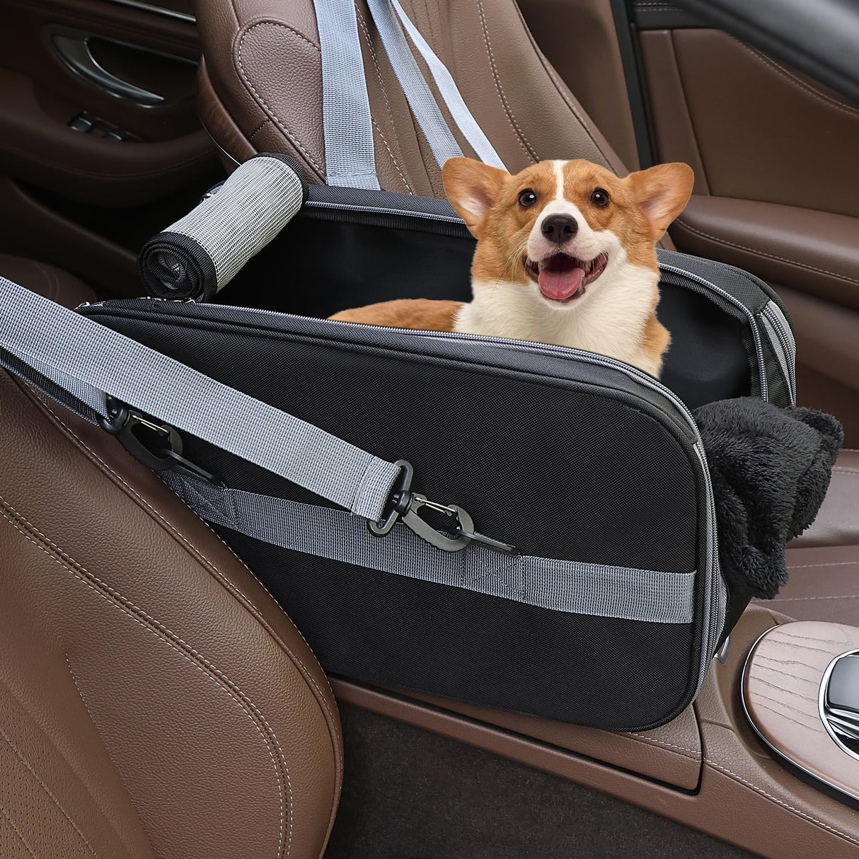 RUONARIER Center Console Dog Car Seat for Small Dogs,Dog Booster Car Seat with Safety Belt and Pockets,Portable Pet Armrest for Puppy Cat Under 13 lbs (Black)