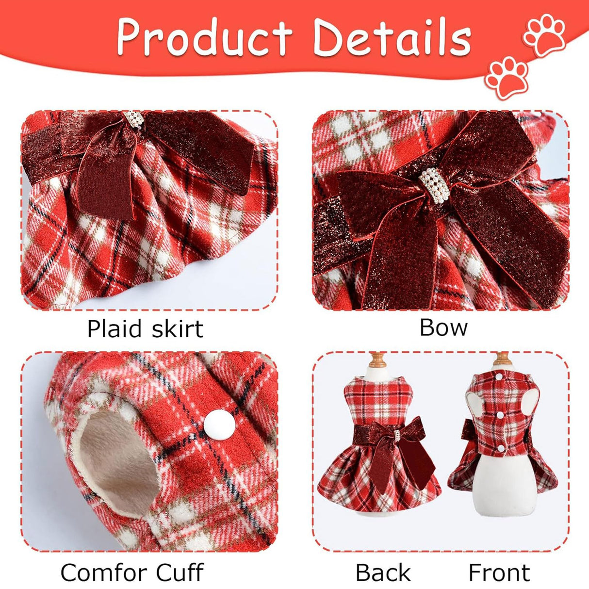 Dog Dress for Small Dogs, Winter Cute Warm Fleece Dog Sweater Dresses for Small Dogs Girl, Chihuahua Yorkie Soft Pet Doggie Coat Clothing Flanne Lining Cat Apparel (Red Plaid, XX-Small)