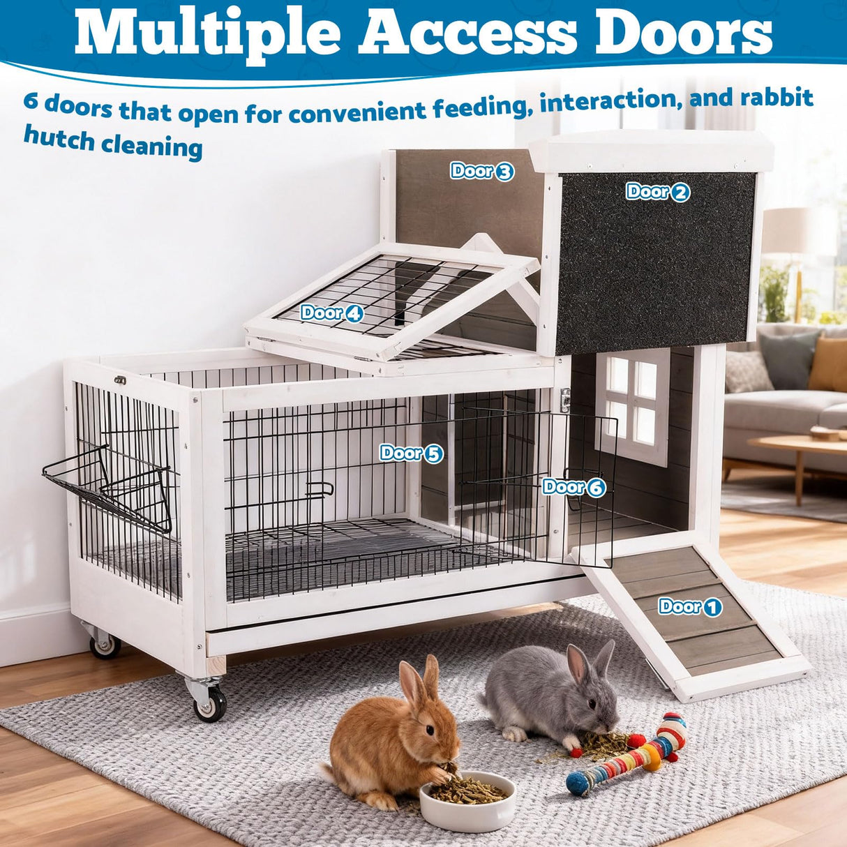 FunXplore Rabbit Hutch Indoor Outdoor Rabbit Cage Bunny Hutch with Casters, Urine Baffles Bottom Wire Floor Leakproof Tray Metal Feeder Openable Roof
