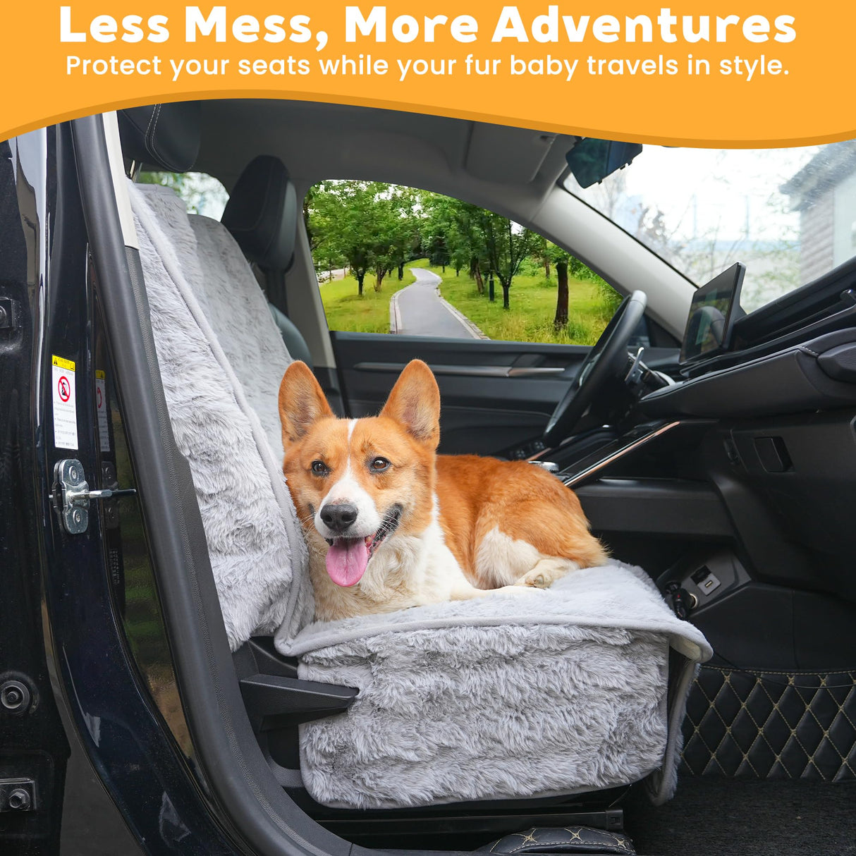 AEEISHOMEREFORM Dog Car Seat Cover for Back Seat & Front Seat, Plush Faux Fur Pet Car Seat Protector with Waterproof Layer, Non-Slip Bottom, Side Flaps, Machine Washable (Front Seat Gray)