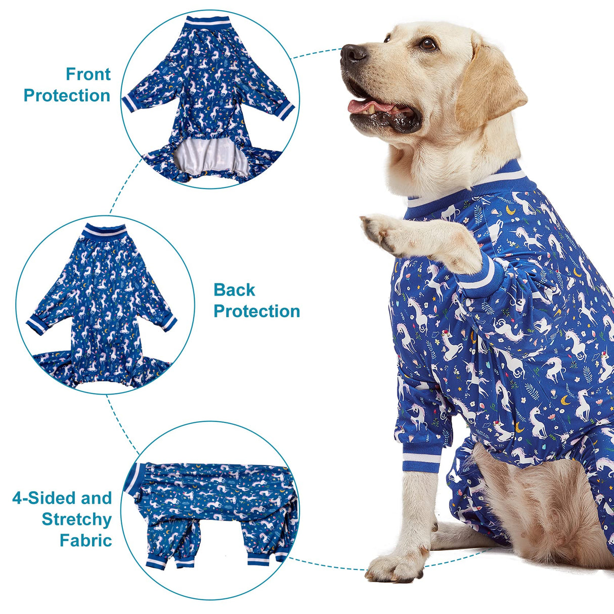 LovinPet Large Dog PJS Clothes: Wound Care/Post Surgery Mastiff Shirt, Lightweight Stretchy Knit Dog Pajamas, Mermaids & Unicorns Blue and White Print, Mastiff Pajamas, Pet PJ's/Medium
