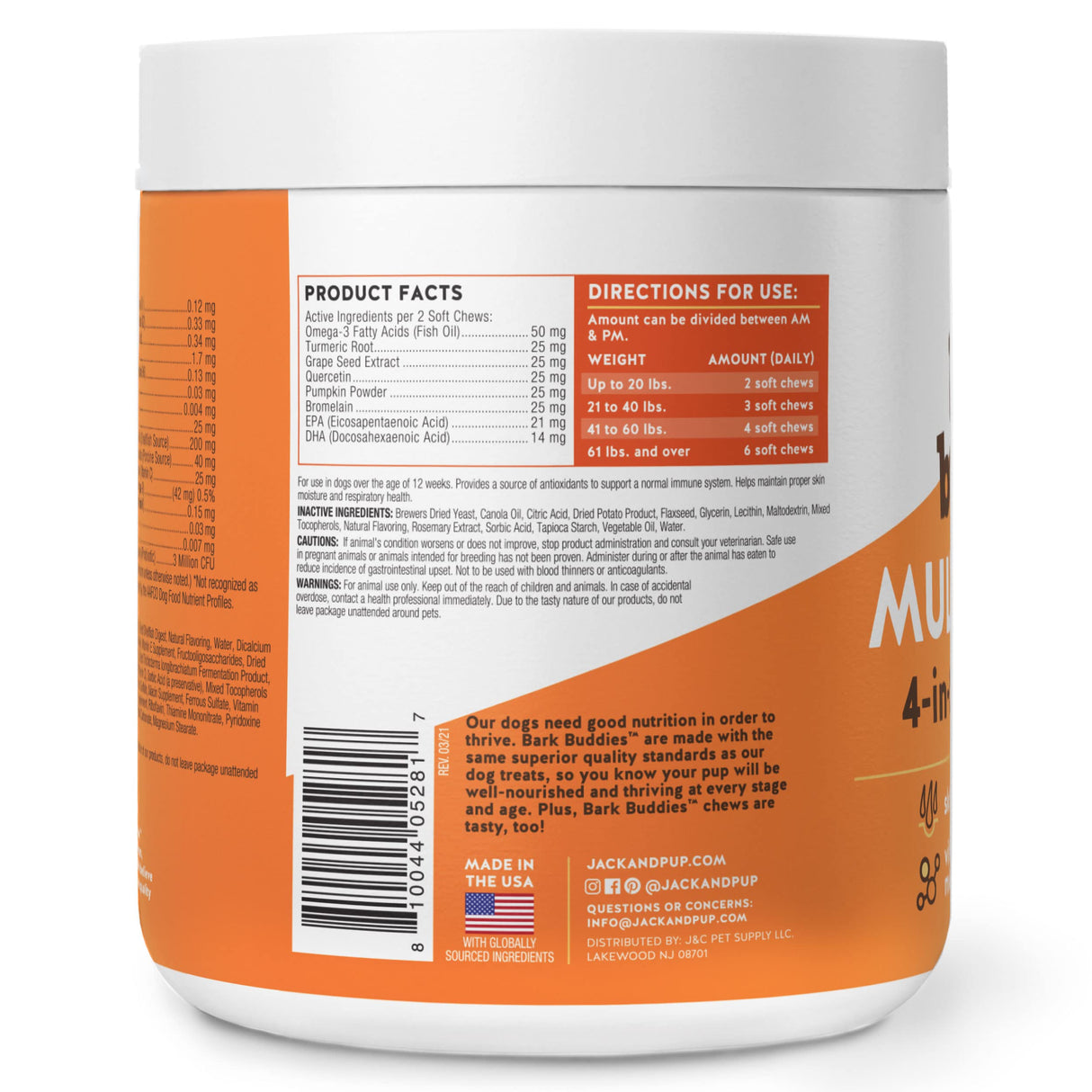 Jack&Pup Dog Vitamins and Supplements Multivitamins for Dogs - Bark Buddies Multi-Buddy Dog Multivitamins Chewable Soft Chews Puppy Vitamins and Supplements - (60ct)