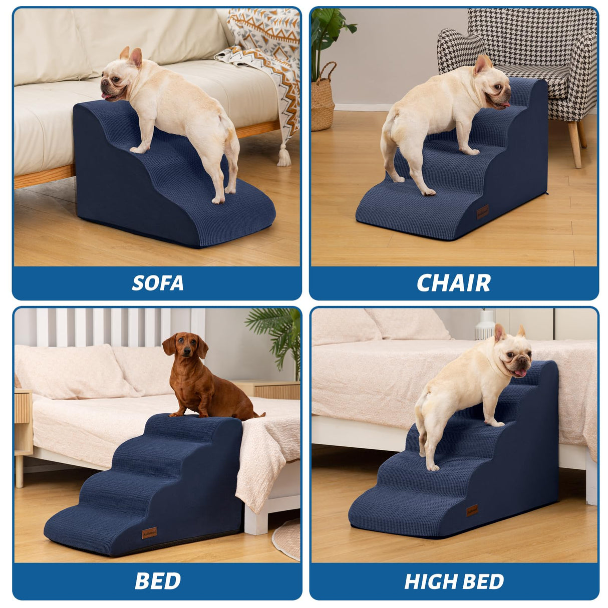Aodisman 4-Step Dog Stairs and Ramp for Beds or Couches,Non-Slip Sturdy Pet Steps for Small Dogs and Cats,17.4" H,Blue