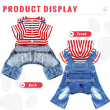DOGGYZSTYLE Small Dog Hoodie Clothes Cute Stripe Shirts Denim Jumpsuit One-Piece Outfit for Small Medium Dogs Cats Boy Girl Chihuahua Blue Jeans Overalls Puppy Costume (Red,XL)