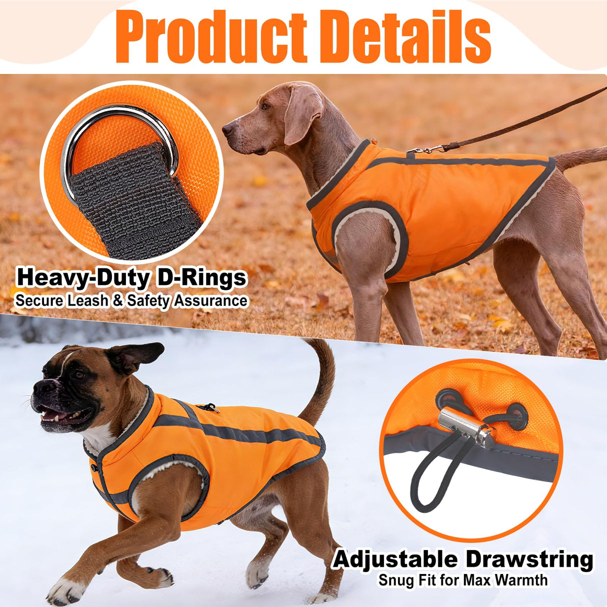Dog Winter Coat with Fleece Lining for Medium Dogs– Warm Waterproof Windproof Snow Vest for Cold Weather, Reflective Blaze Orange Safety Dog Jacket, Easy-On Adjustable Fit with D Ring, L