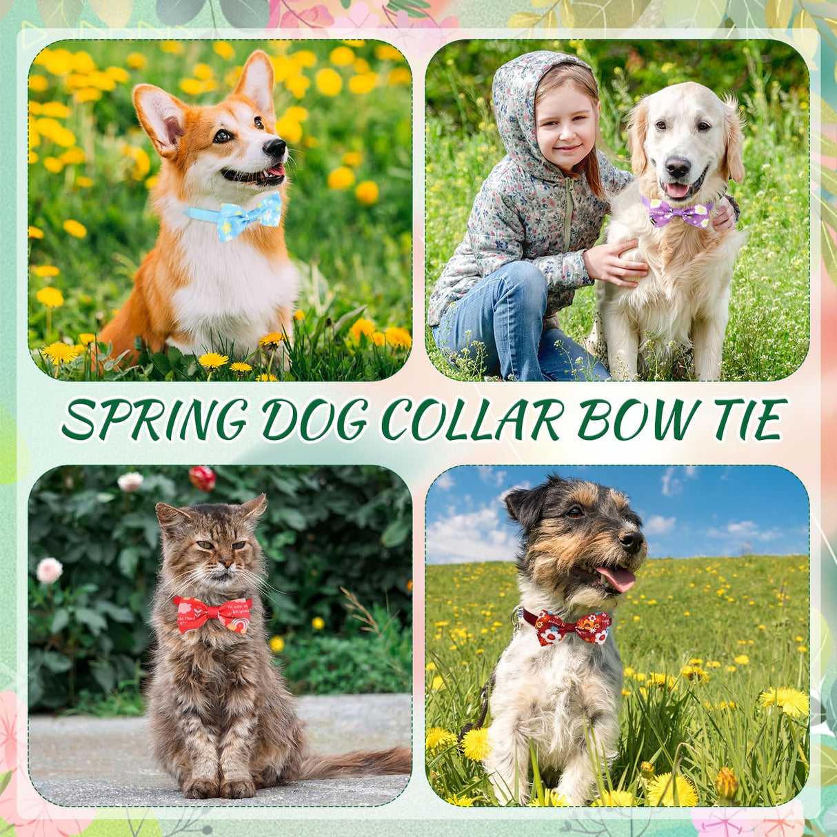 Silkfly 100 Pcs Dog Bow Ties Bulk Adjustable Pet Bowtie Collar Bows Holiday Dog Bowknot for Small Medium Pet Costume Grooming Supplies(Spring Pattern)