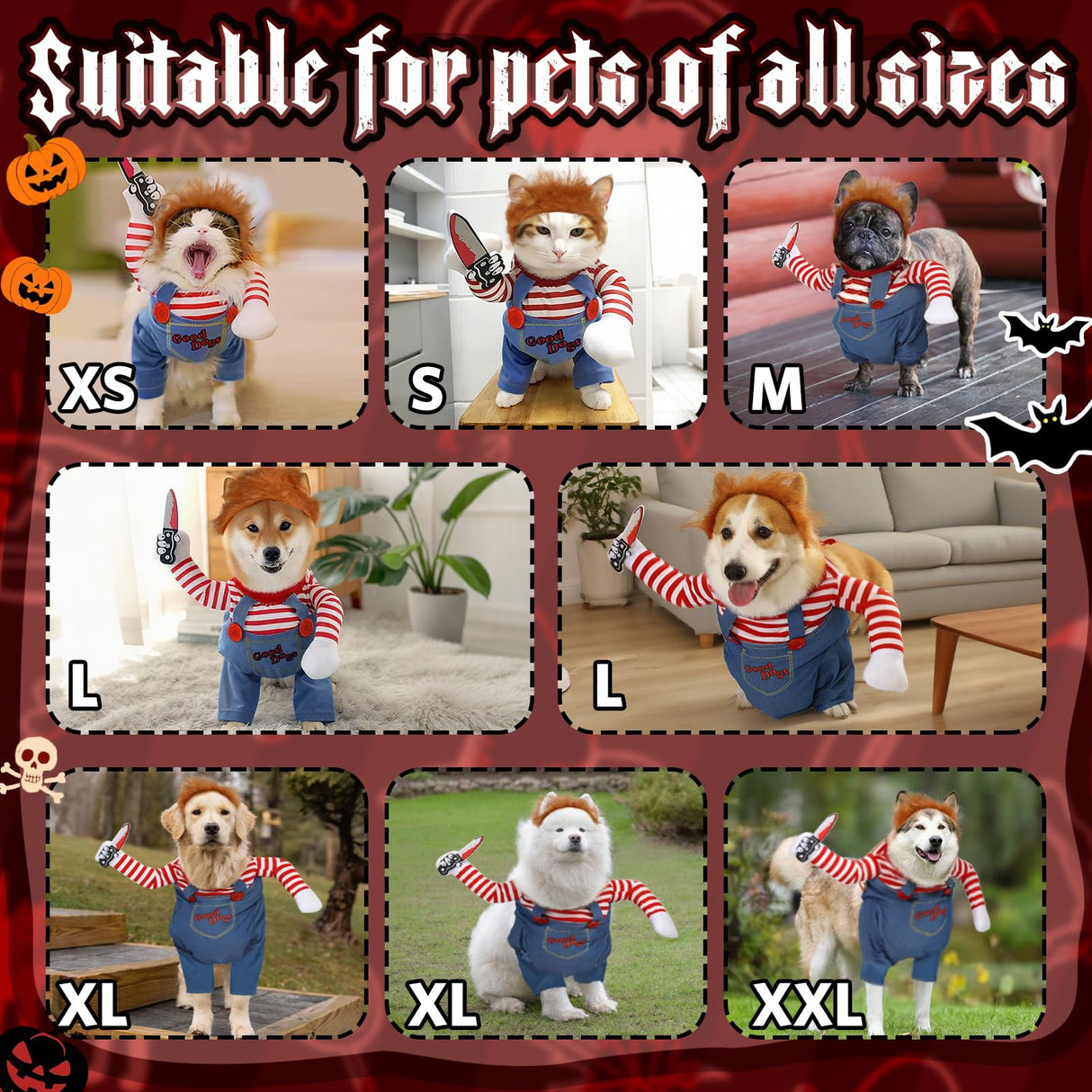 T2Y Dog Halloween Costume Pet Deadly Doll Chucky Dogs Costume with Knife & Wig, Dog Costumes for Medium Dogs Funny Party Cosplay Halloween for Corgi, Pug, Frenchie, Dachshund【XL】