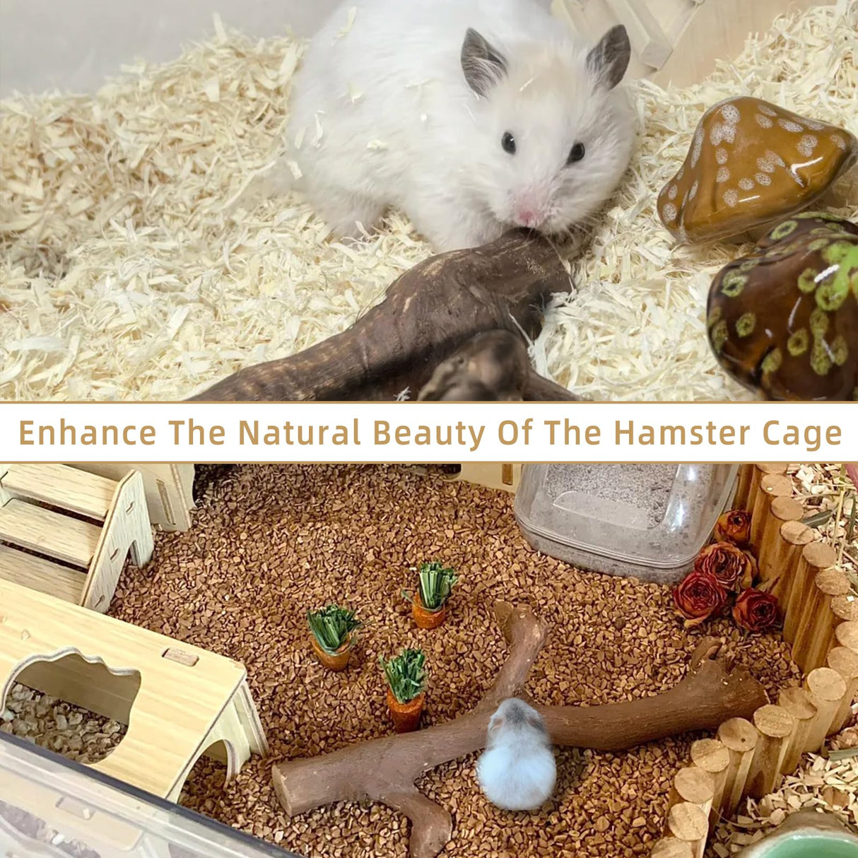 kathson 2PCS Wood Hamster Climbing Branches Decor, Natural Wooden Syrian Hamster Climb Chewing Toys, Rat Exercise Toys, Small Animal Habitat Decor Accessories for Dwarf Pets, Gerbils, Mice (7.8IN)