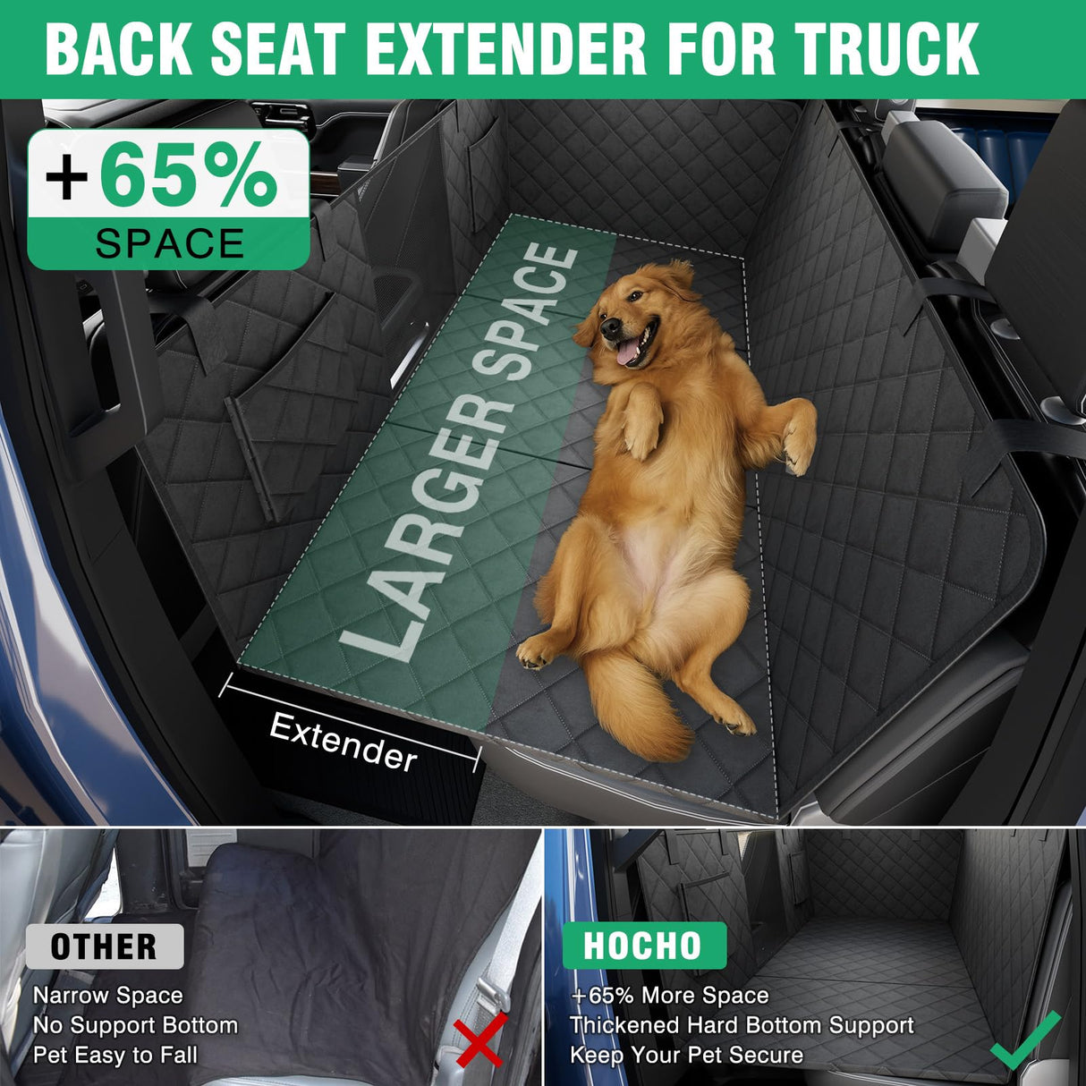 HOCHO Truck Dogs Seat Cover for Back Seat, Upgraded Hard Bottom +65% Space 400LBS Holding Dog Seat Cover Extender for Full Size Truck/SUV F150 Silverado RAM1500 GMC Tundra Titan