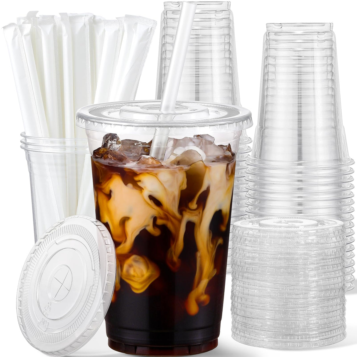 25 Pack - 16 oz Plastic Cups with Lids and Straws, Clear Iced Coffee Cups with Lids, Disposable Cups with Lids for Cold Drinks, Iced Tea, Milkshakes, Smoothies - Durable & BPA Free