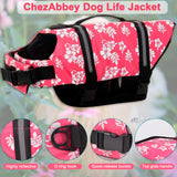 ChezAbbey Dog Life Jacket Adjustable Dog Lifevest Swimsuit Safety Vest Apparel Lifesaver Coat for Small Large Cats Puppy Kitty with Handle Reflective for Swimming and Boating Pink Flower 2XL