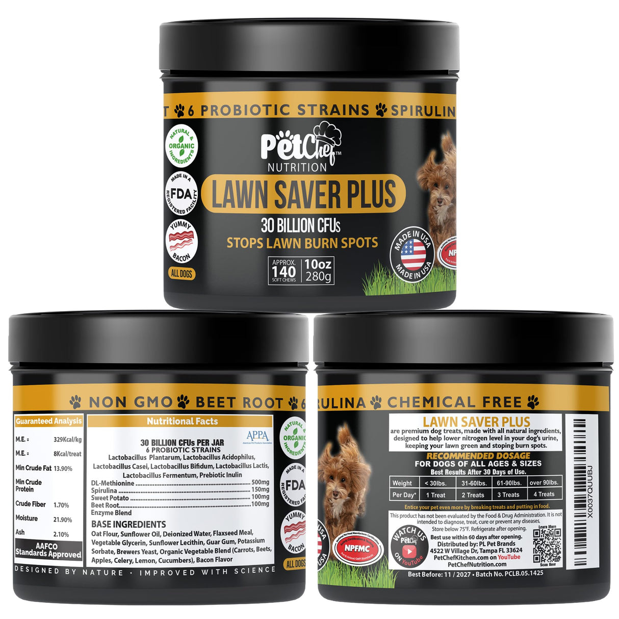 Pet Chef Dog Urine Neutralizer for Lawn Grass Burn Spot Saver Soft Chews Helps Reduce Yellow Spots & Protect Yard Plant-Safe Lawn Support Supplement 140 Chews Vegan Bacon
