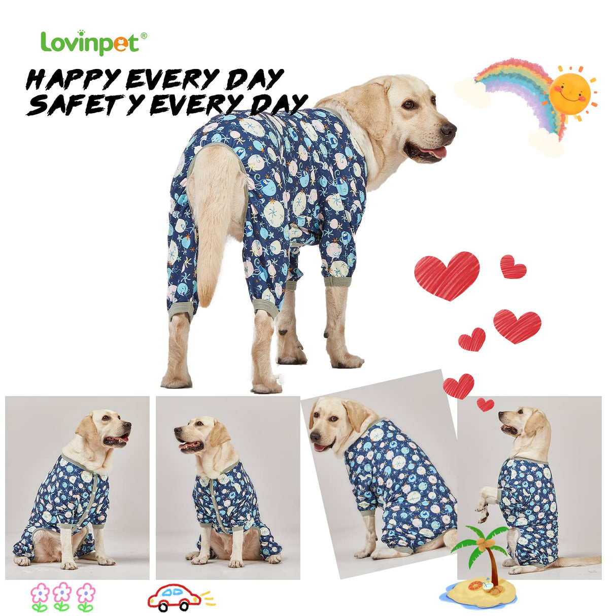 LovinPet Giant Dog Pajamas, Jellyfish and Starfish Deep Sea Print, Clothes for Dogs, Lightweight Pullover Large Puppy Pajamas, Large Breed Full Coverage Dog Jammies, Pet PJ's, 2XL