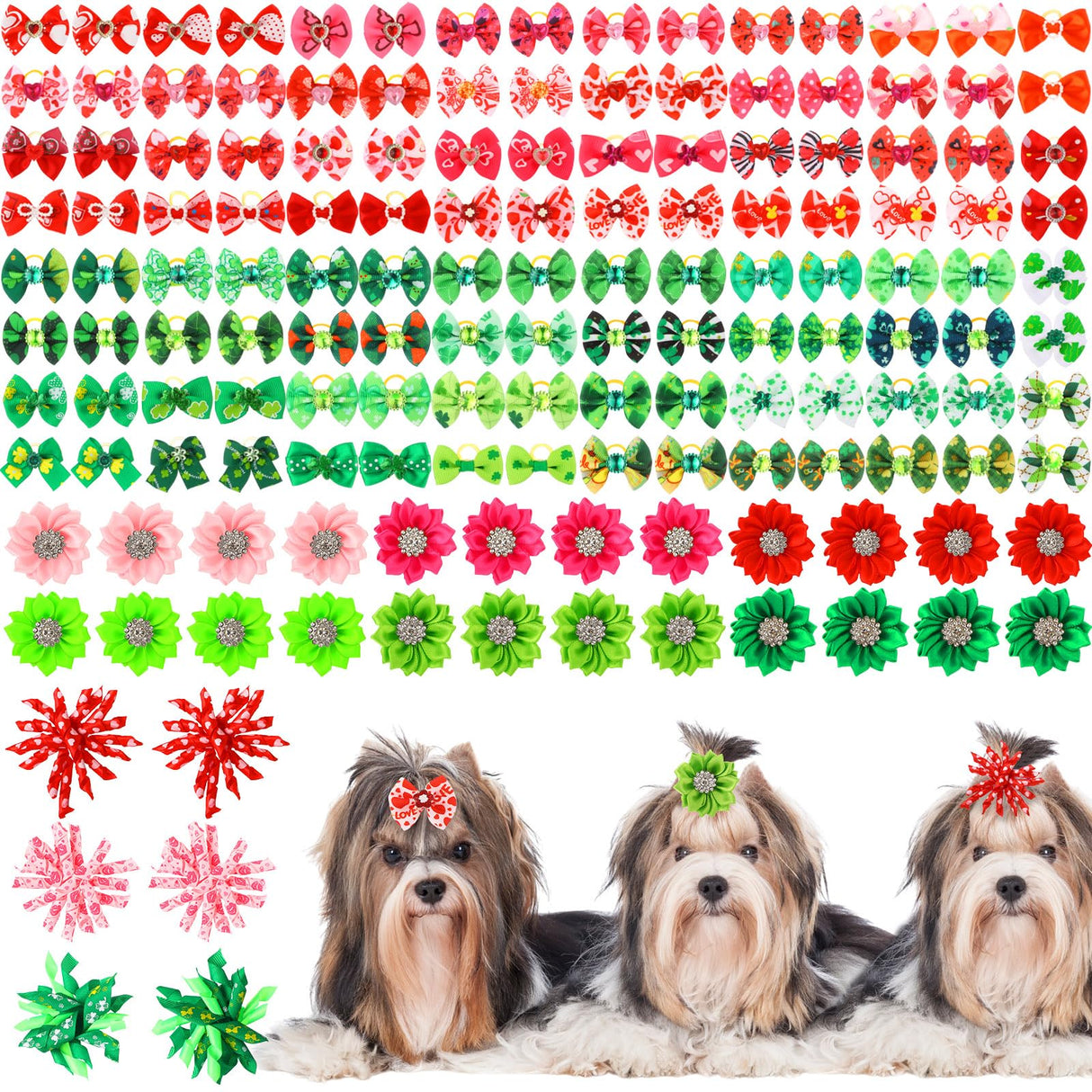 Kacctyen 150 Pcs St. Patrick's Day Dog Bows with Rubber Bands St. Patrick's Day Flower Yorkie Dog Hair Bow Pet Hair Accessories for Small Medium Puppy Bunny Pet Cat(Heart,Clover)