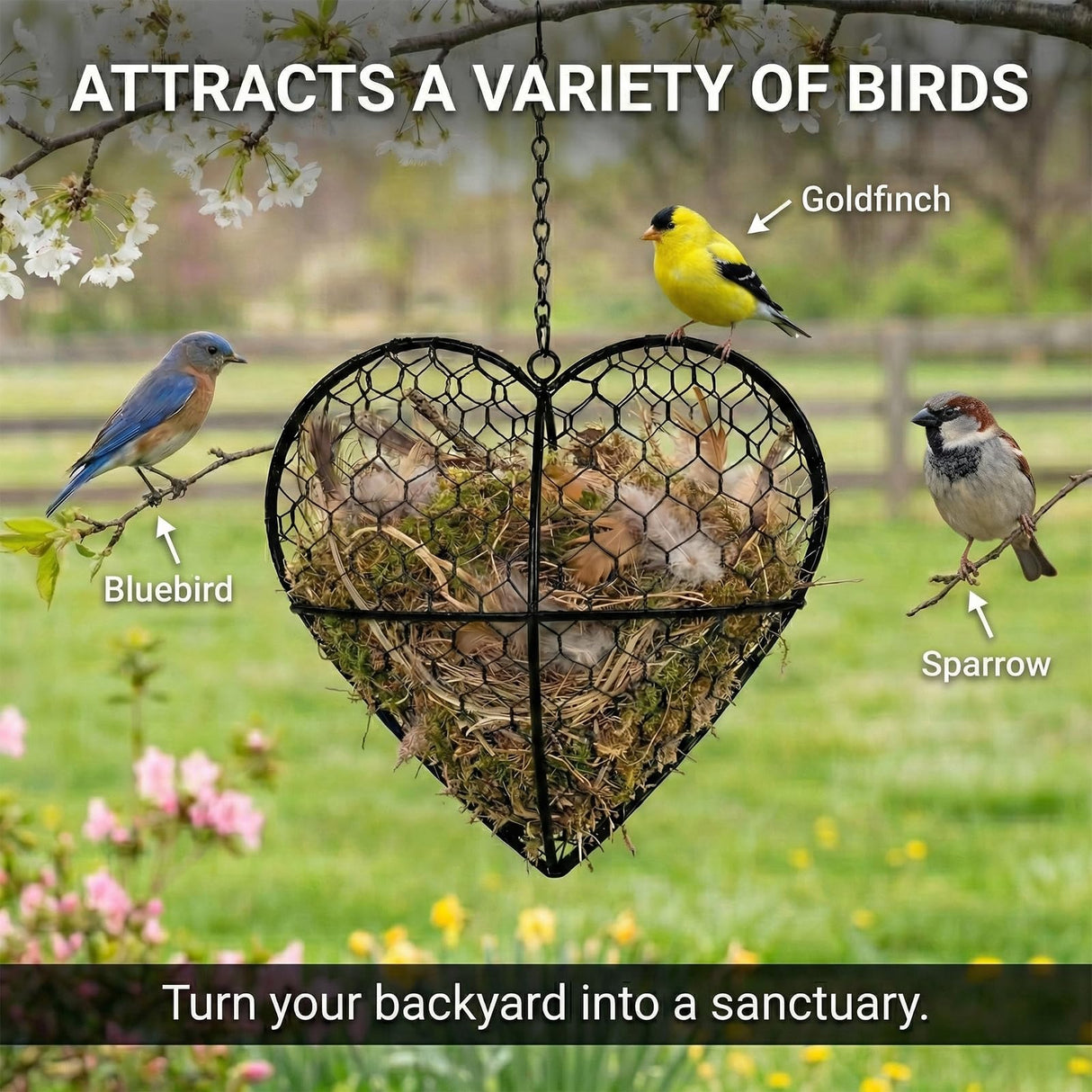 Esamar Handmade Alpaca Fiber Bird Nesting Heart - Refillable Bird Nesting Material Holder & Garden Decor - Alpaca Wool for Bird Nesting Dispenser & Nesting Material for Wild Birds Station (Black)