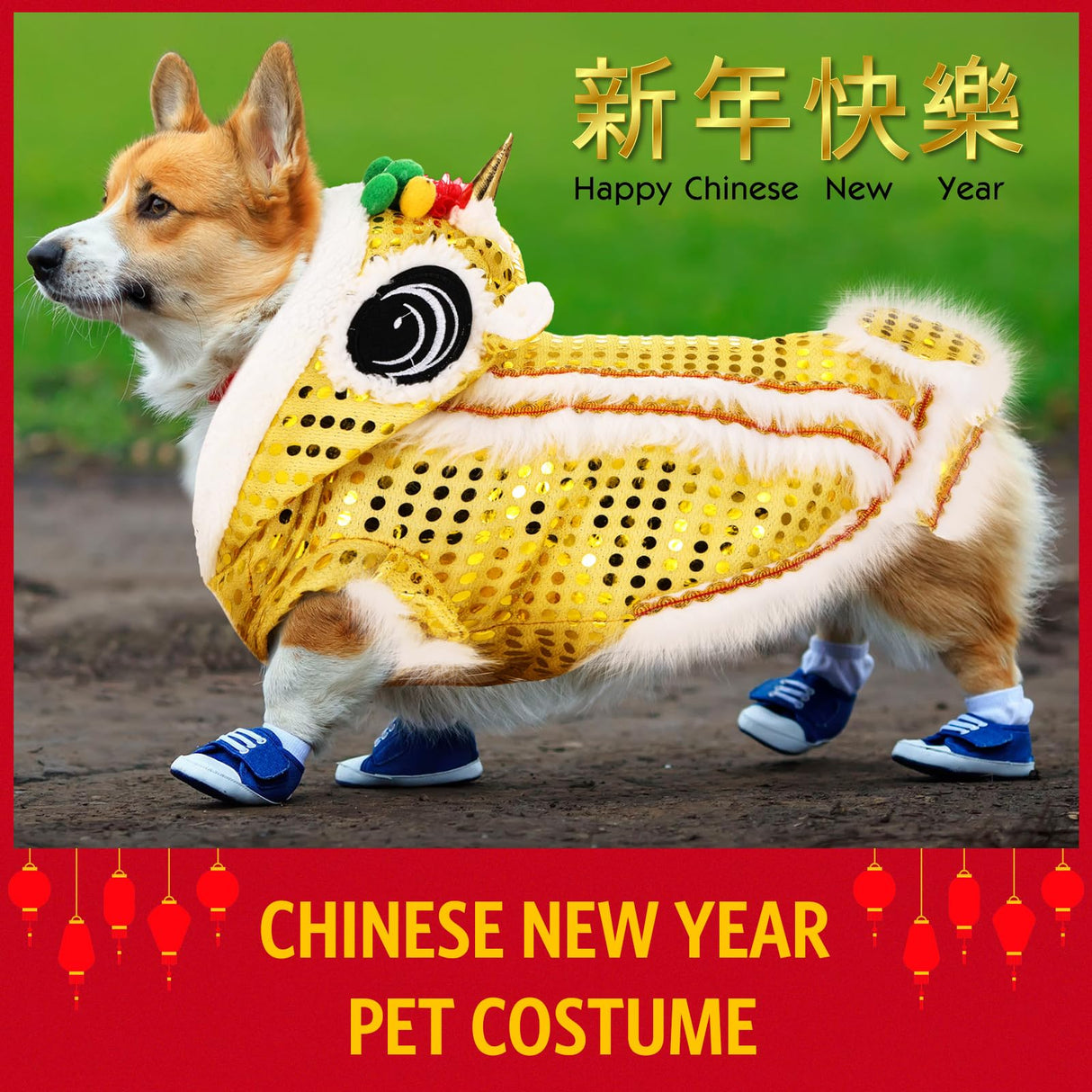 LEIFIDE Lion Dance Dog Costume Chinese New Year Pet Costume with Sequins Chinese Lion Dance Cloth Dog Clothes Hoodies Coat for pet New Year Spring Festival Dress up(2X-Large,Gold)