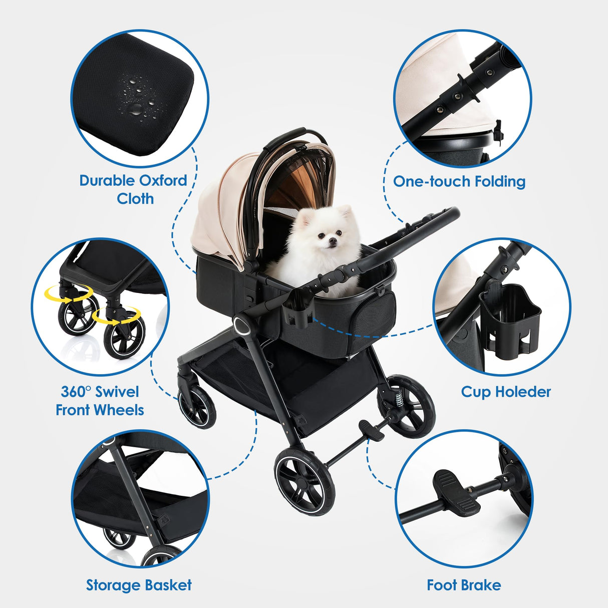 KAVELLIN Pet Stroller for Small/Medium Dogs, Foldable Dog Stroller with Detachable Carrier,3 in 1 Pet Stroller for Dogs Cats up to 50 lbs, Cup Holders,Easy Assembly, Black