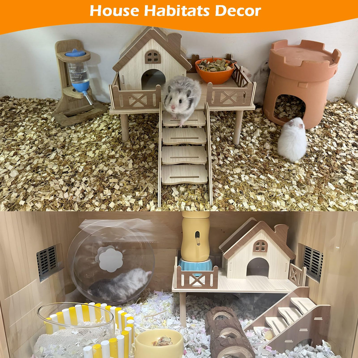 Wooden Hamster Platform and Dwarf Hamster House, Hamster Cage Platform With Climbing Ladder, Cute Syrian Hamster Hideout, Hamster Cage Accessories Platform for Putting Food Bowl, Hamster Gerbil Castle