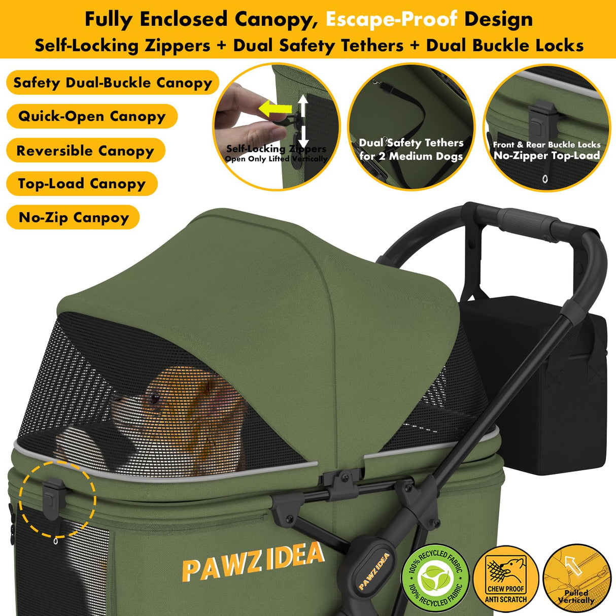 PAWZIDEA Large Dog Stroller up to 80 lbs, No-Zip 180° Reversible Canopy Lockable, Heavy Duty Pet Stroller for 2 Medium Dogs One-Hand Foldable, Low-Entry, All-Terrain Jogger Wheels, Storage Organizer