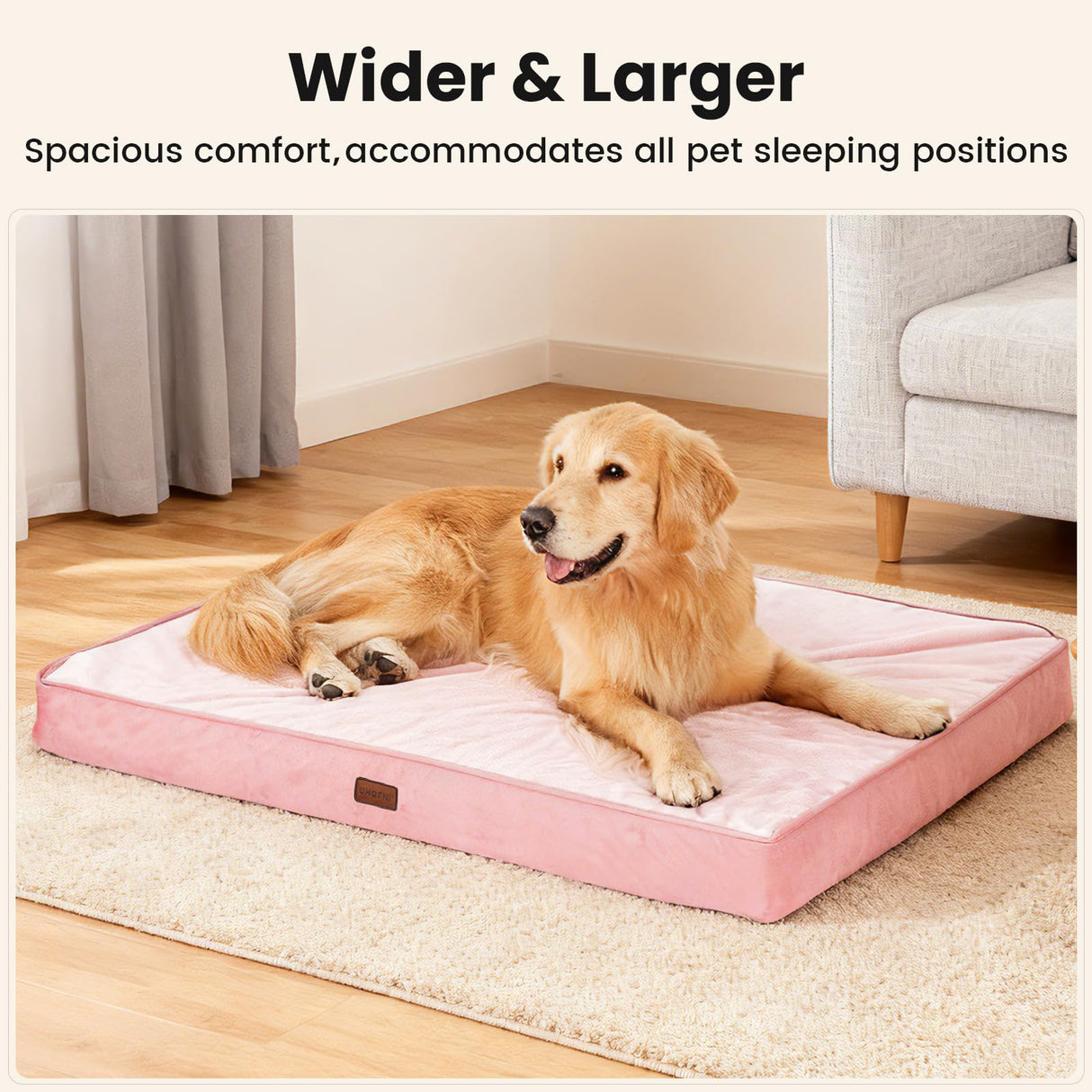OhGeni Orthopedic Waterproof Dog Bed for Large Dogs, Machine-Washable Removable Cover in Easy-Clean Fabric, High Density Foam & Easy-Carry Handle, Wider and Larger, 44 inch (Pink)