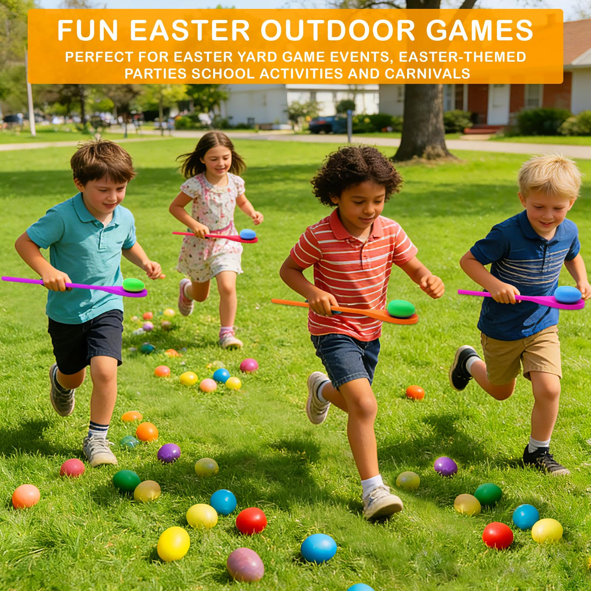 TOPLEE 20 Pcs Easter Egg and Spoon Race Game Set, 10 Players Balance Relay Easter Games Include 10 Eggs and Wooden Spoons for Kids Family Carnival Sports Outdoor Games Holiday Birthday Party Supplies