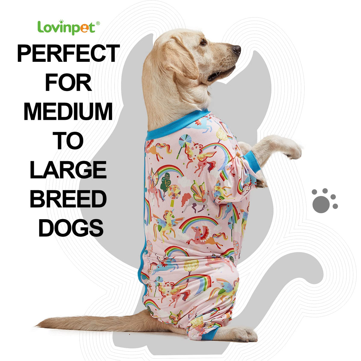 LovinPet Large Dog Pajamas Onesie, Magic Rainbow Shine Pink Print, Lightweight Stretchy Knit Pullover Large Puppy Pajamas, Pjs for Pitbulls, Stop Shedding for Dogs, Pet PJ's, 2XL
