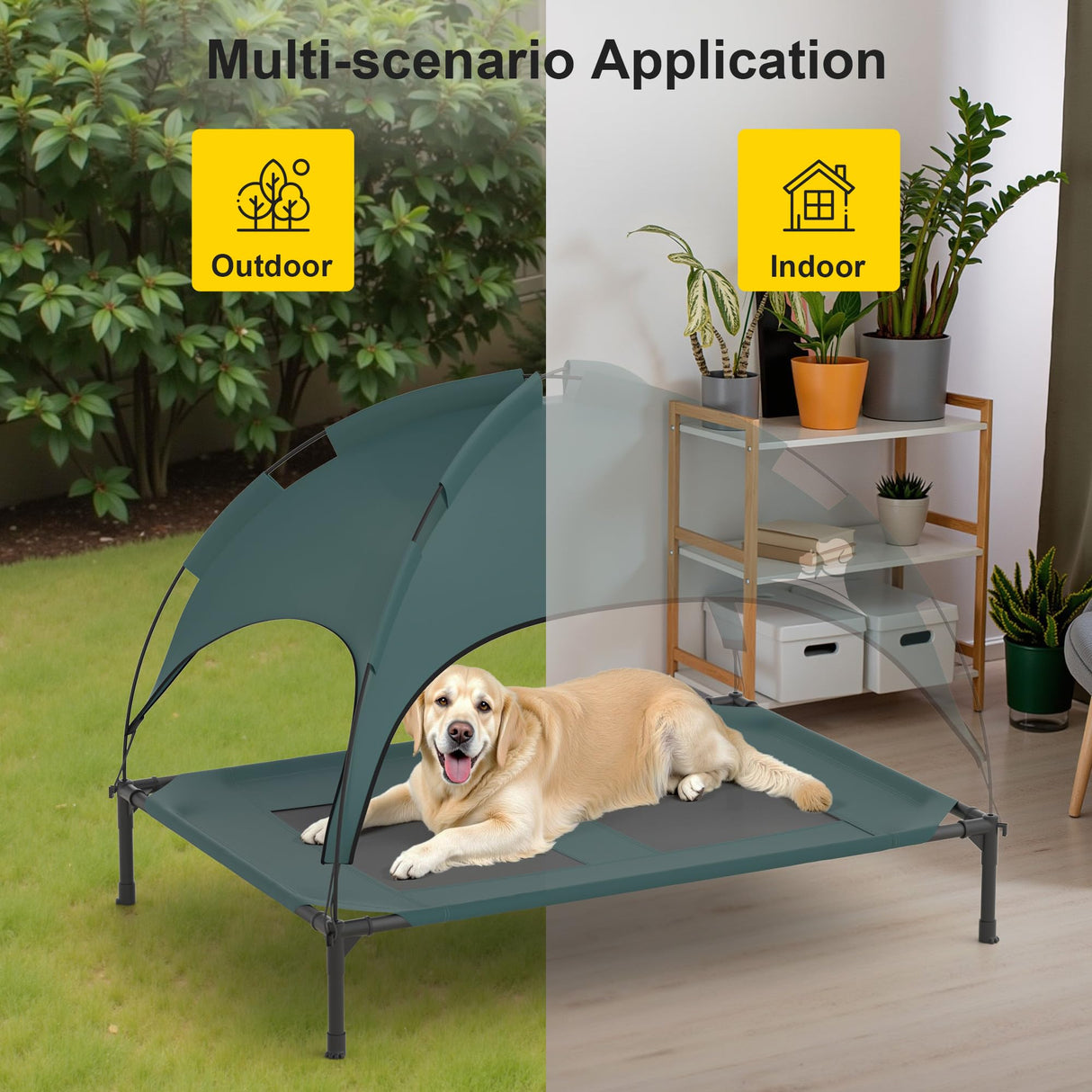 GOJOOASIS Outdoor Dog Bed with Canopy, Waterproof Outside Dog Cots Pet Bed with Removable Canopy Tent, Cat Bed Shelter, Lifted Camping Pet Bed for Medium Dogs (Blue)