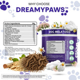Dreamy Paws Melatonin for Dogs Dog Calming Sleep Supplement - Melatonin GABA Tryptophan Valerian Magnolia Bark Passion Flower Magnesium Ashwagandha Restful Sleep 90 Chews Beef Flavor by Clean Pets