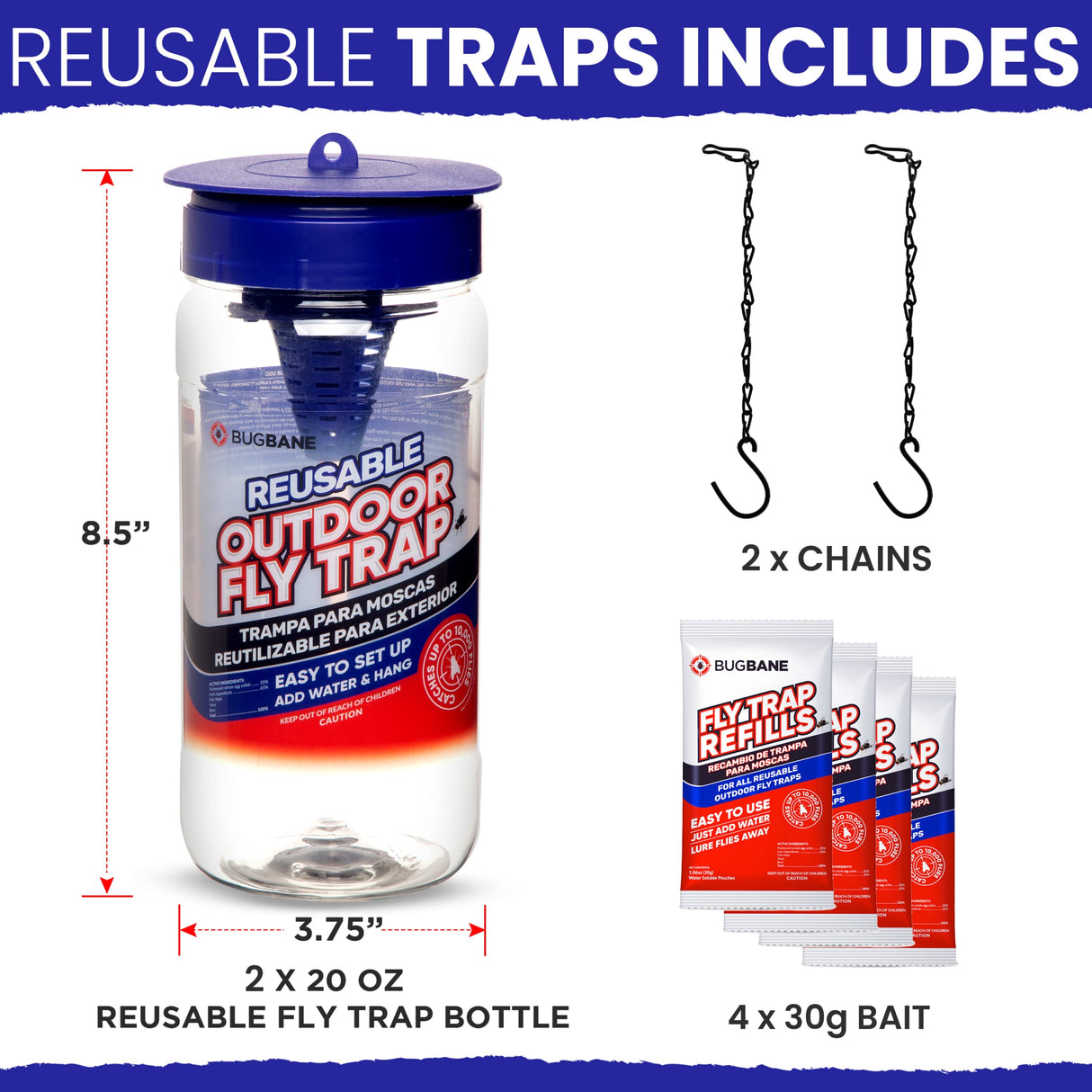 2 Reusable Fly Traps Outdoor Fly Traps with 4 Natural Fly Magnet Bait Refill. Flies Trap Outdoor Reusable Fly Trap Jar Fly Trap Fly Catchers Outdoor Fly Bait Fly Bags Flytraps Stable Horse Fly Trap