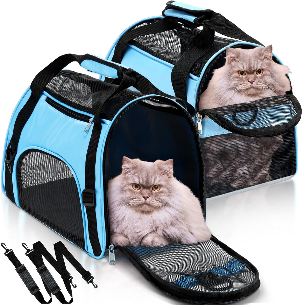 Clysee 2 Pcs Pet Carrier, Soft Sided Pet Travel Carrier for Cats, Airline Approved Kitty Portable Dog Bags for Traveling Little Dogs, Rabbits, Puppy, Cat(S,Blue)