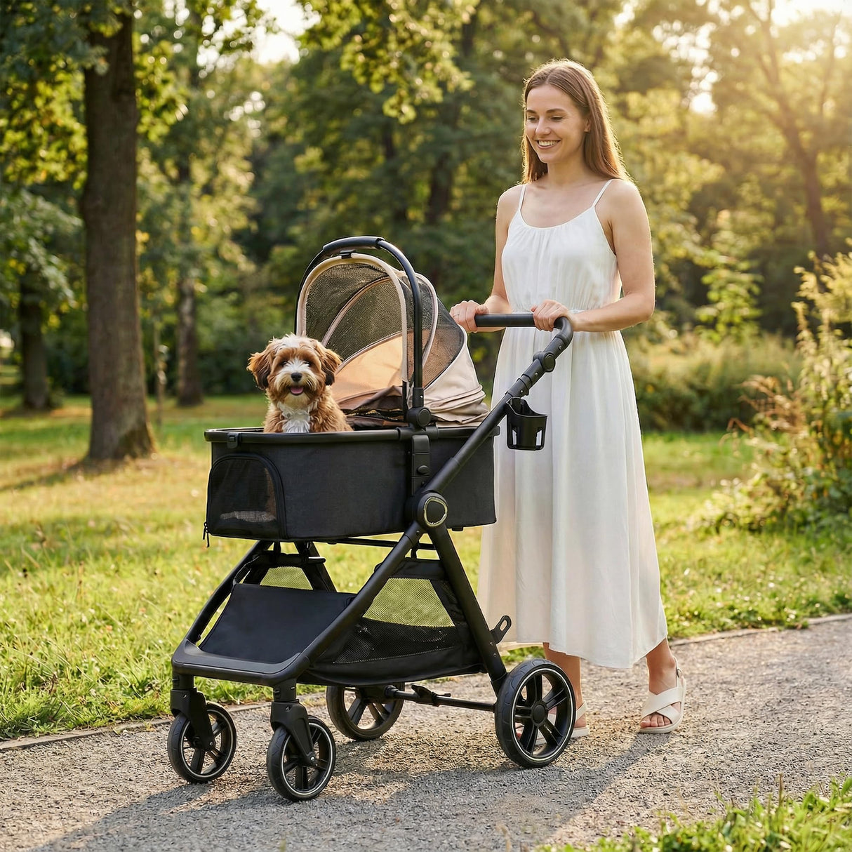 KAVELLIN Pet Stroller for Small/Medium Dogs, Foldable Dog Stroller with Detachable Carrier,3 in 1 Pet Stroller for Dogs Cats up to 50 lbs, Cup Holders,Easy Assembly, Black