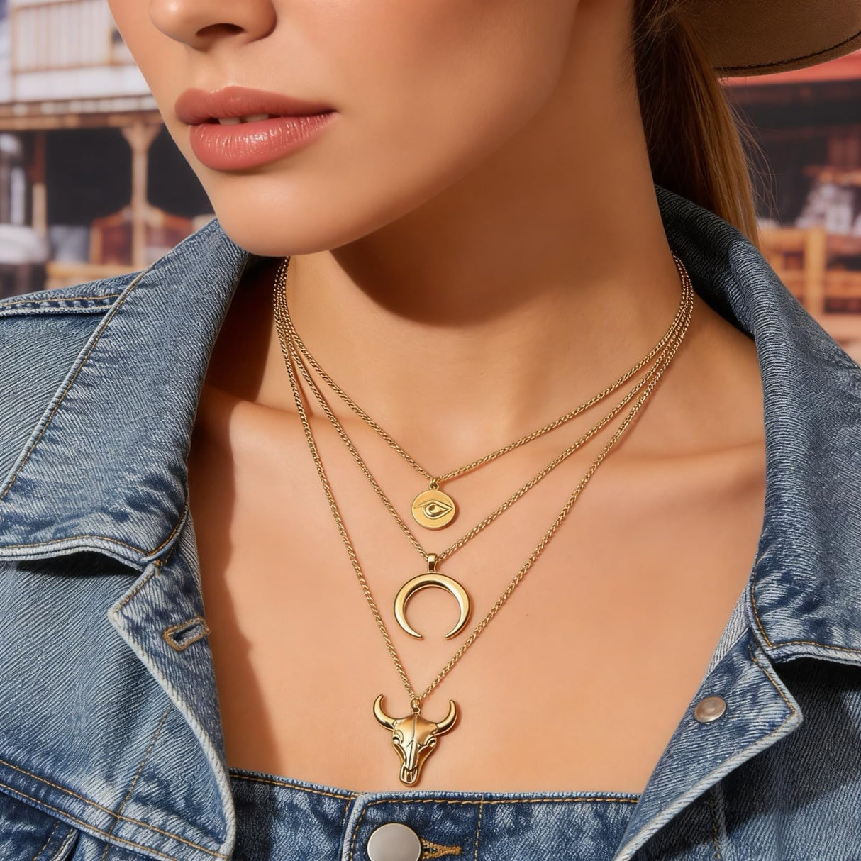 JHJEWH Women's Vintage Western Layered Necklaces Evil Eye Bull Head Crescent Moon Layered Necklace Boho Cowboy Cowgirl Geometric Pendant Chain Necklace Fashion Jewelry Gifts for Women (style2)