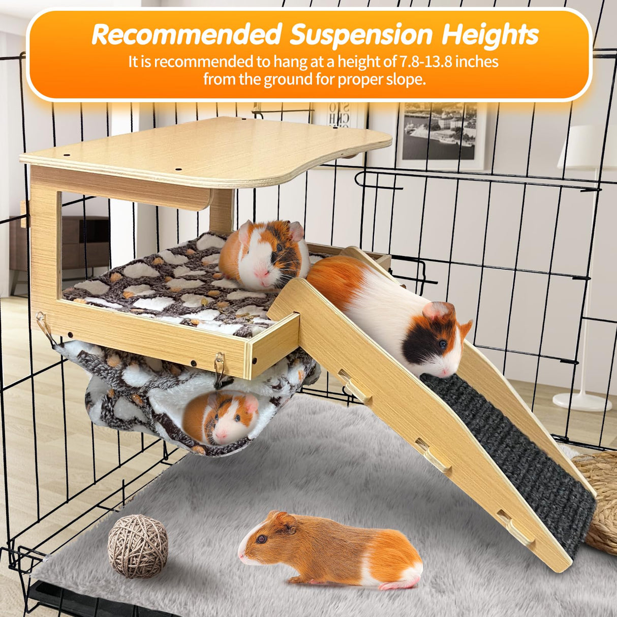 DCIAER Guinea Pig Hideout，Natural Wood Removable Guinea Pig Bed, Small Animal Habitat with Hanging Hammock/Staircase/Cushion, Suitable for Small Animals to Hide, Rest, Play