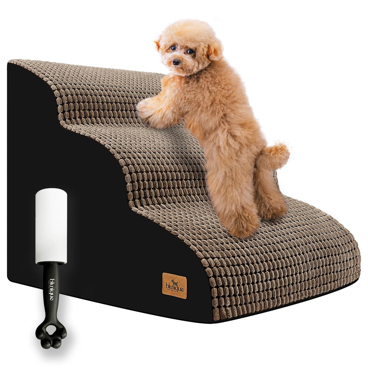 Dog Stairs for Bed 15.8'' H, 3 Step Dog Ramp for Small Dogs and Cats, Curved Dogs Steps for Sofa Couch or Chair, Portable Pet Stairs for High Bed Climbing, Non-Slip Balanced Pet Step Indoor, Brown
