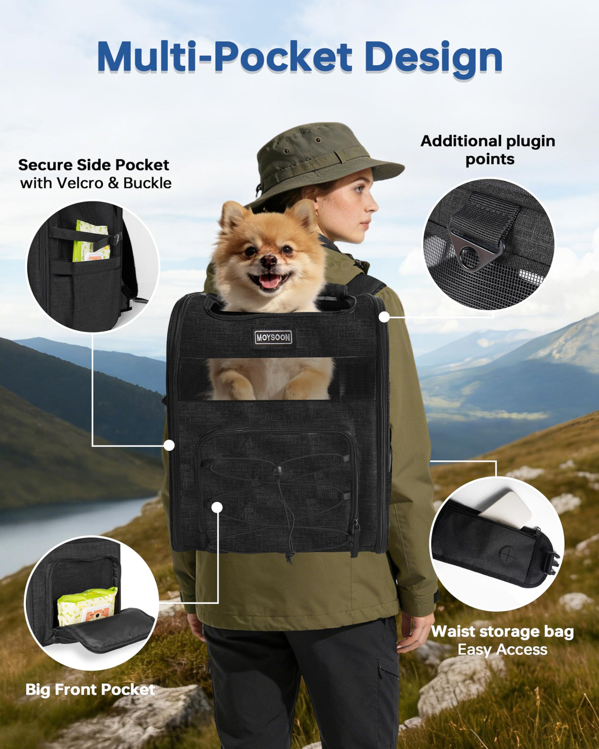 Hiking Dog Carrier Backpack, Adjustable Waist Cushioning Belt with Breathable Padded Back Support, Dog Carrier for Hiking with 5 Pockets, Dog Carrier Backpack for Small Dogs Max 13LB Black
