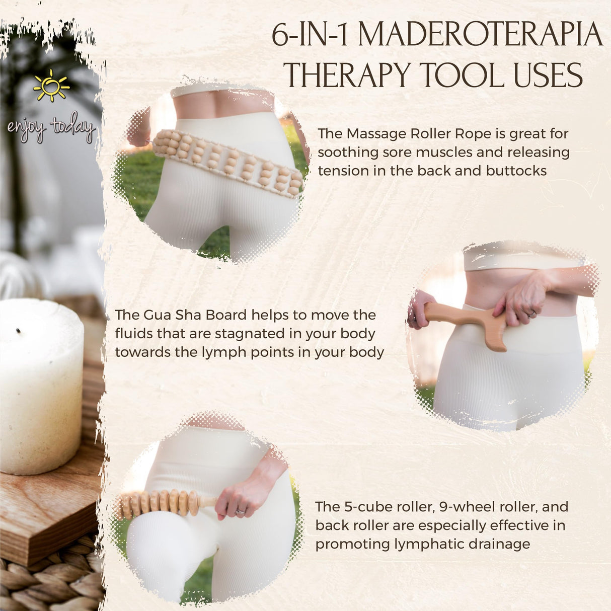Enjoy Today 6 Pc Professional Solid Wood Therapy Massage Tools with Instruction Guide. Maderoterapia Kit with Lymphatic Drainage Massager, Cellulite Massager and Cupping Kit for Massage Therapy,