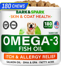 Load image into Gallery viewer, BARK&amp;SPARK Omega 3 for Dogs - 180 Fish Oil Treats for Dog Shedding, Skin Allergy, Itch Relief, Hot Spots Treatment - Joint Health - Skin and Coat Supplement - EPA &amp; DHA Fatty Acids - Salmon Oil
